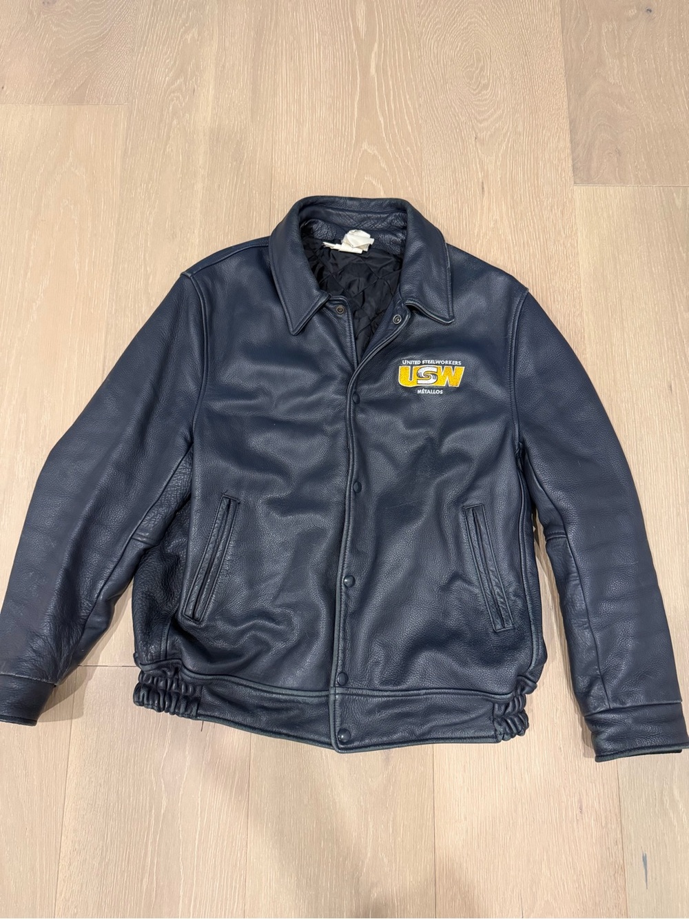 Vintage United Steel Workers navy leather jacket